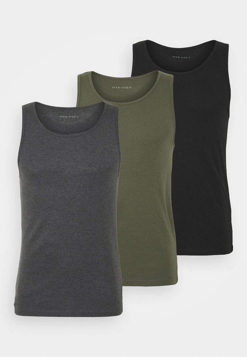 Pier One Hombre 3 PACK - Camiseta Interior - Black/khaki/mottled Dark Grey 3 Pier One Hombre 3 PACK - Camiseta Interior - Black/khaki/mottled Dark Grey